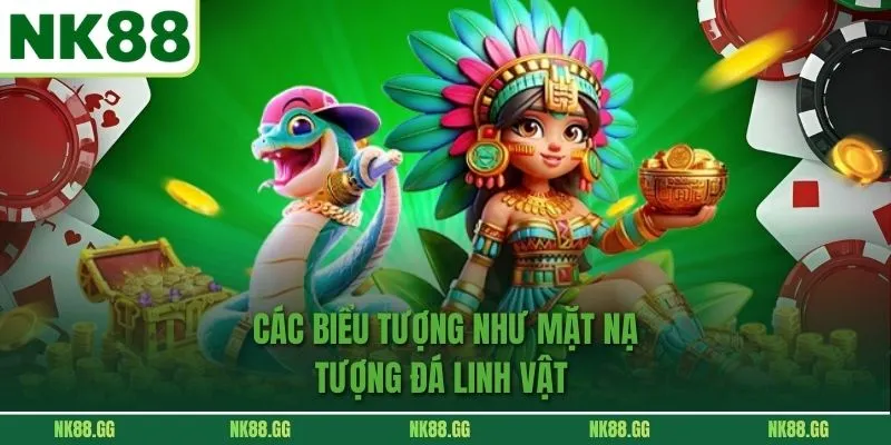 Các biểu tượng như mặt nạ, tượng đá, linh vật